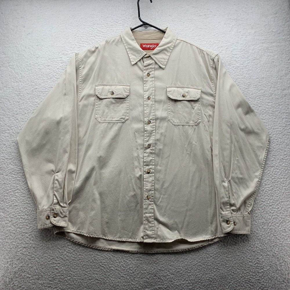 Wrangler Button Up Shirt Mens XL XLarge Beige Twill Workwear Chore Ranch Casual